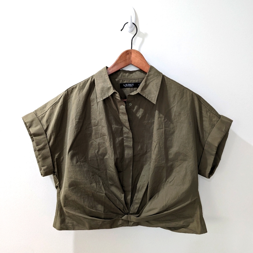Ralph Lauren Green Twist Front Collared Shirt Top